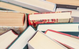 A stack of different books.